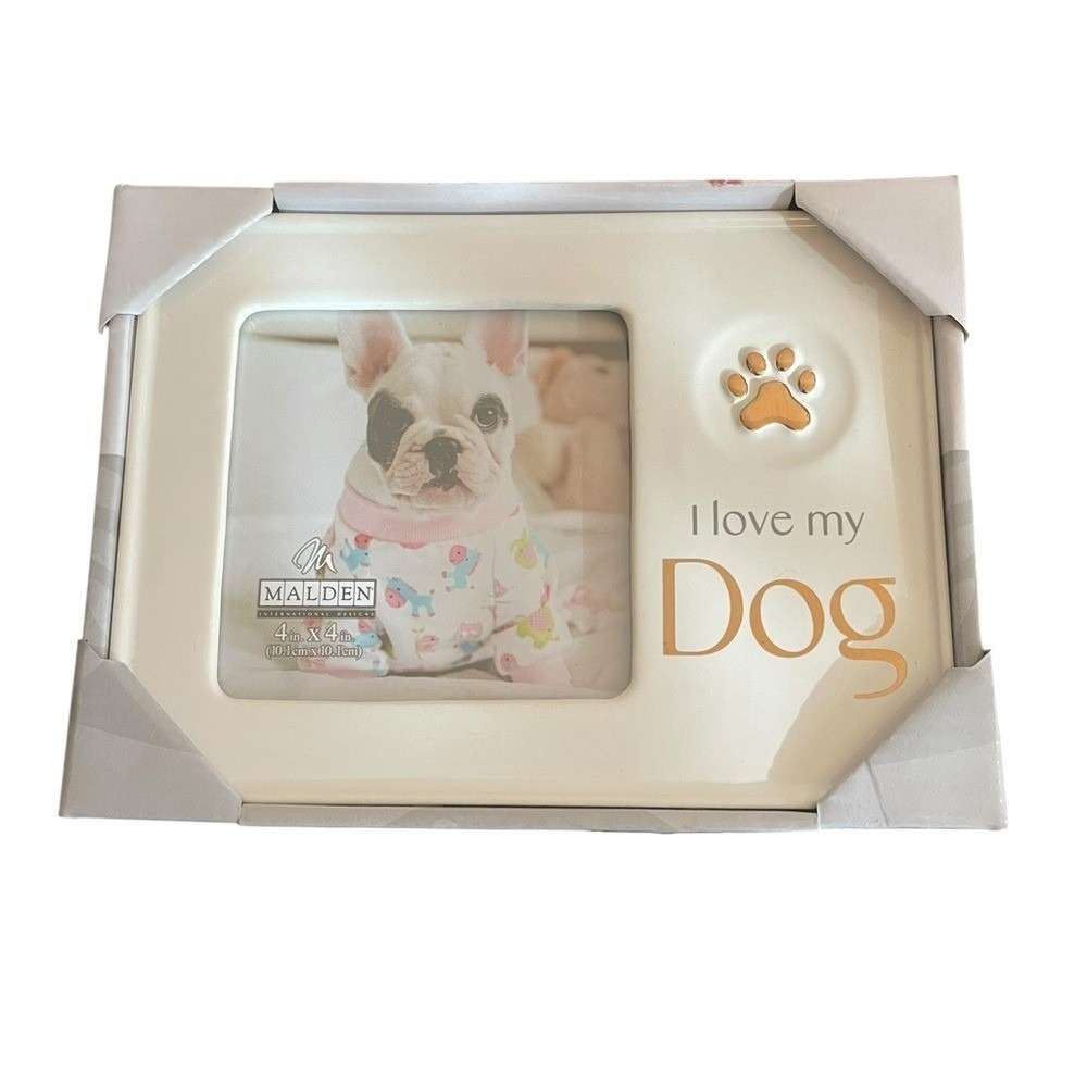 Malden International Designs I‎ Love My Dog Ceramic 4x4 Picture Frame Cream Gold